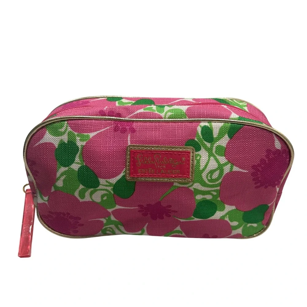 Lilly Pulitzer Estee Lauder Pink Green Floral Cosmetic Makeup Bag Travel Case